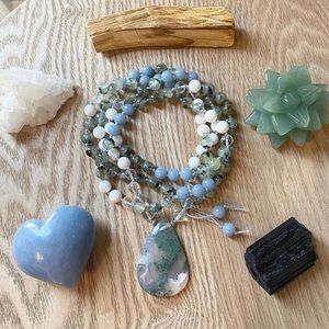 Moss Agate Mala Bead Gemstone Necklace